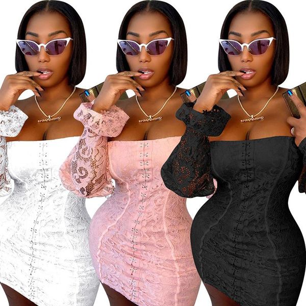 

casual dresses cutubly slash neck lace long sleeves solid color min dress hook buckle bodycon autumn party club women, Black;gray