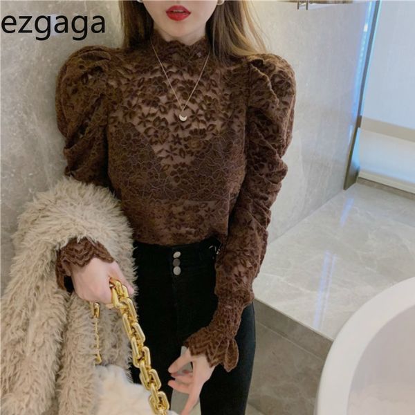

ezgaga flower shirt women winter spring new fashion lace hollow out turtleneck slim party blouse ladies clubwear 210430, White