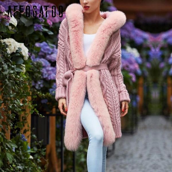 

women's sweaters affogatoo pompom casual long knitted cardigan female sash loose warm winter sweater outerwear autumn streetwear women, White;black