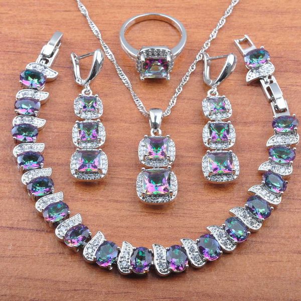 

square cubic zirconia jewelry sets for women wedding earrings necklace pendant ring bracelets 2021 new js0424 h1022, Silver