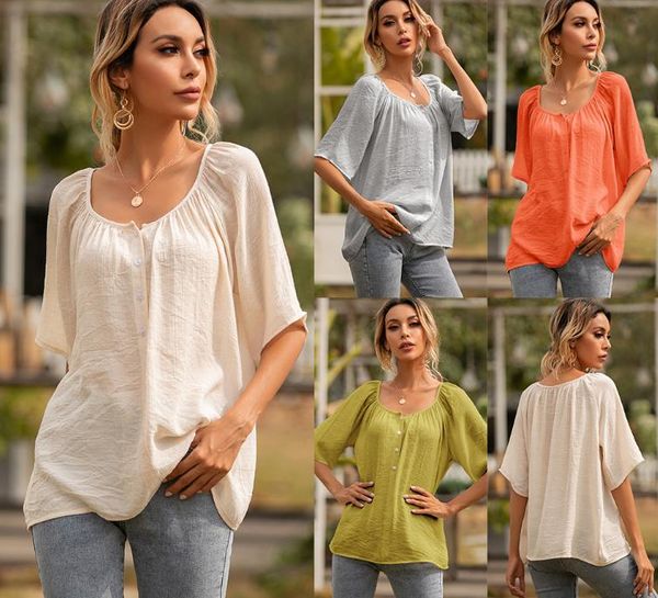 

summer women's t-shirt buttoned square collar loose short-sleeved shirt top, White
