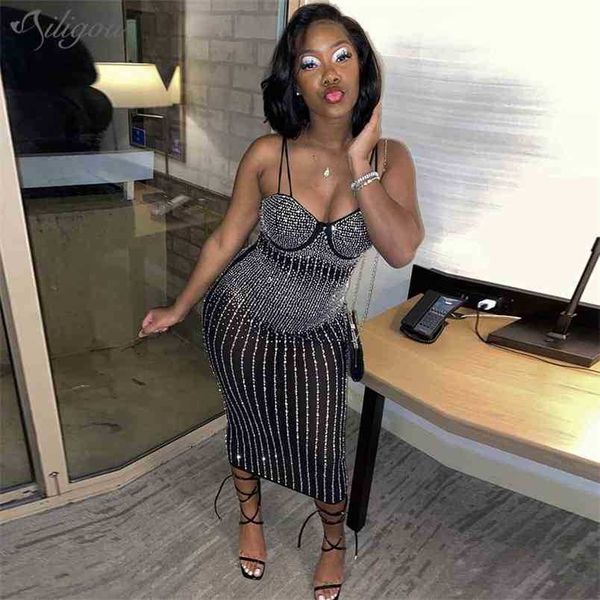 

ladies sleeveless lace mesh shiny diamond dress designer midi club celebrity tight 210525, Black;gray