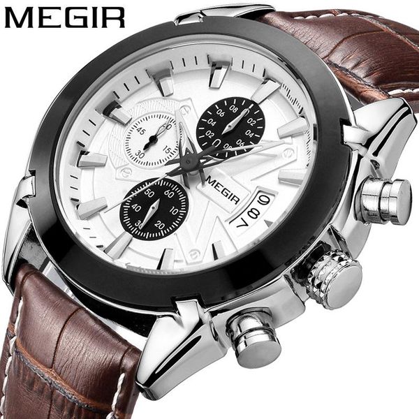 

wristwatches megir 2021 men watch chronograph luxury military sport watches for wrist leather wristwatch relogio masculino, Slivery;brown