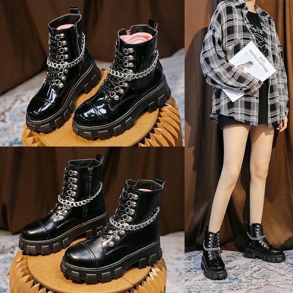 

boots and handsome, patent leather thin short boots, motorcycle with thick soles punk british style military, Black