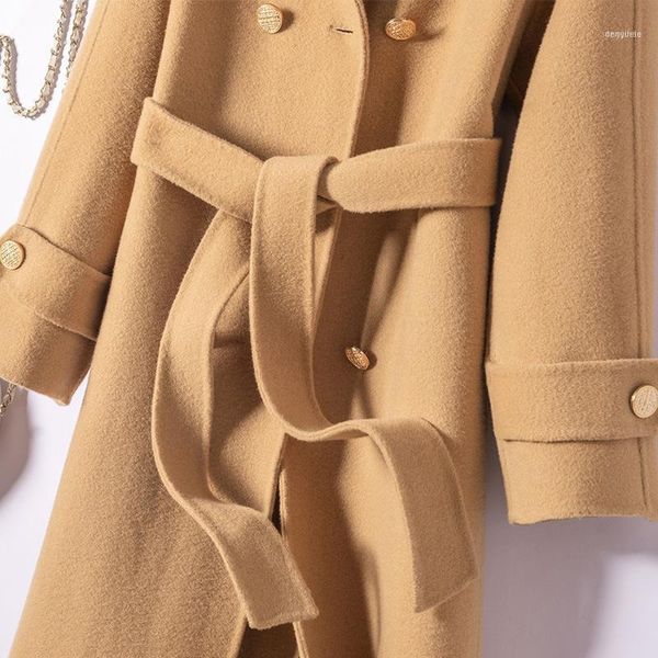 

women's wool & blends 2021 double-sided cashmere coat suits brought female in han edition windbreaker long fashion show thin cloth coat, Black