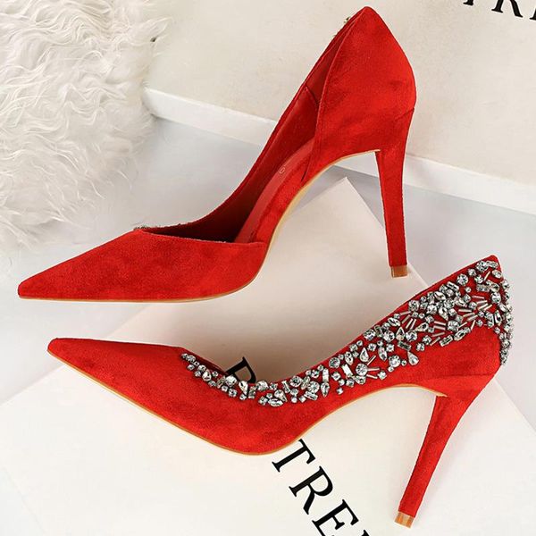 

dress shoes bigtree metal decoration woman pumps rhinestone high heels suede women fashion wedding stiletto 9.5 cm, Black