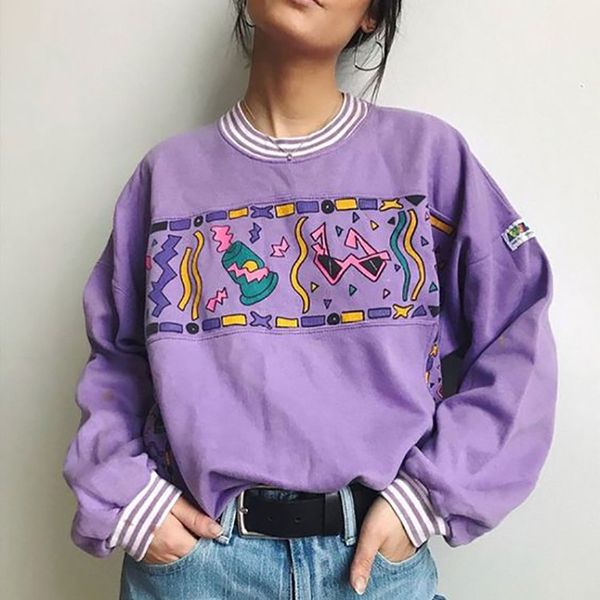 Толстовки Harajuku осенью женщин корейский сладкий толстовки фиолетовый круглый шеи с длинным рукавом шарж напечатанный свободный повседневный пуловер 210422