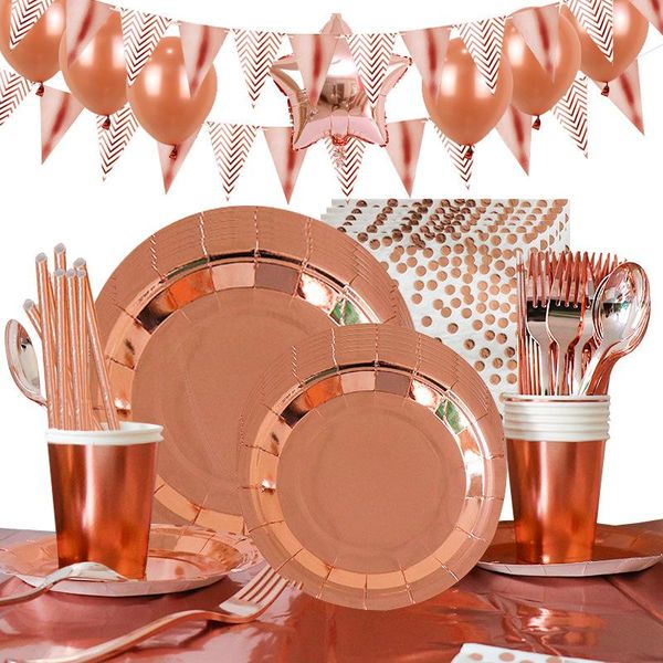 

disposable dinnerware party tableware bronzing rose gold set paper cup plate tablecloth birthday decoration