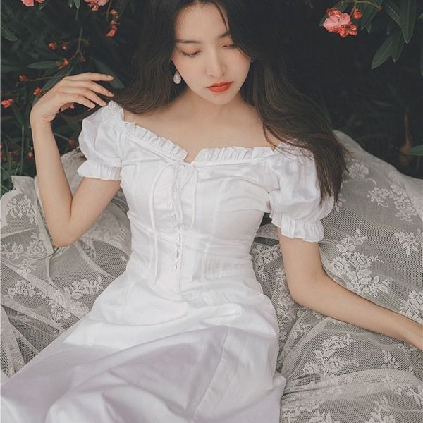 

wonder french vintage midi dress summer elegant square collar puff sleeve fairy retro drawstring 210510, Black;gray