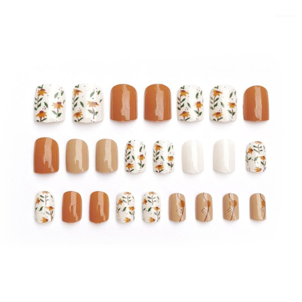 

sale 24 pcs women elegant temperament flower false nails sweet wear art fake extension tips with glue1, Red;gold