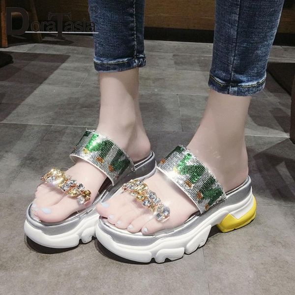 

slippers doratasia 2021 girl fashion rhinestone platform slides summer comfort wedges women cool crystal shoes woman, Black