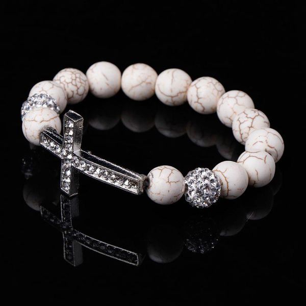 

beaded, strands l93f beading bracelet white stone rhinestone bangle elastic natural stones beads charms men women jewelry cross pendant part, Black