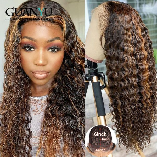 

deep wave human hair wig pre-plucked brazilian remy ombre 150% 180% colored 4/30 curly highlights lace part wigs for women1, Black;brown