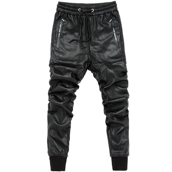 

man streetwear thin leather locomotive wash pants men feet corridors, Black