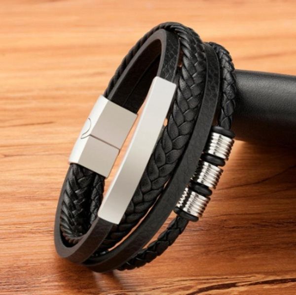 

charm bracelets classic fashion hand-woven multi-layer combination high-quality leather bracelet men's stainless steel punk jewelry, Golden;silver