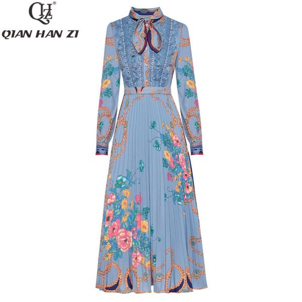 

casual dresses qian han zi designer runway fashion summer dress 2021 women long sleeve lace flower print elegant pleated party mid-calf, Black;gray