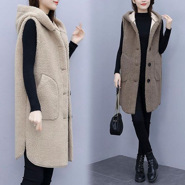 

women's vests large size 5xl women vest fall winter 2021 outer wear mid-length lamb wool one piece of fur hooded jacket ldkvgsu s999, Black;white