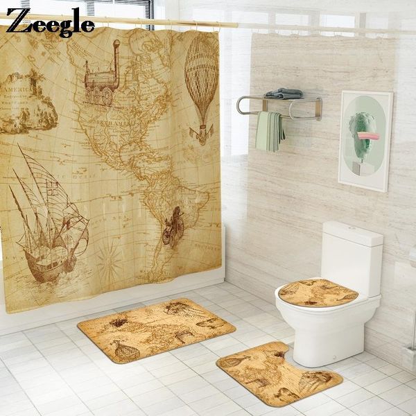 

bath mats flannel mat in the bathroom map printed carpet with shower curtain absorbent non-slip toilet seat cover rug set