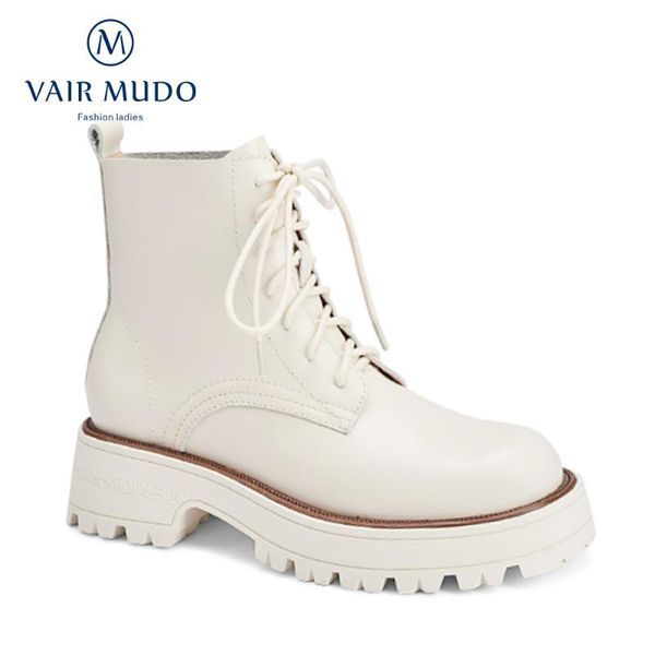 

boots vair mudo trend ankle shoes thick bottom black white solid autumn winter concise lace up round toe dx68l