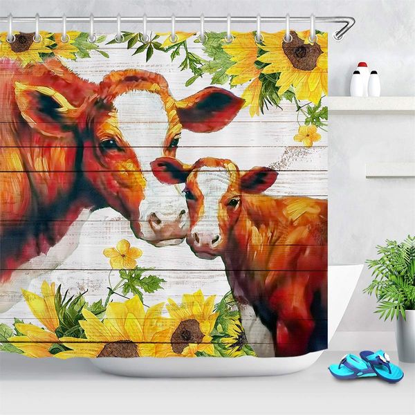 

farm cow sunflower shower curtain yellow flowers with brown cow bathroom curtain on rustic farmhouse wood shower curtains 72x72