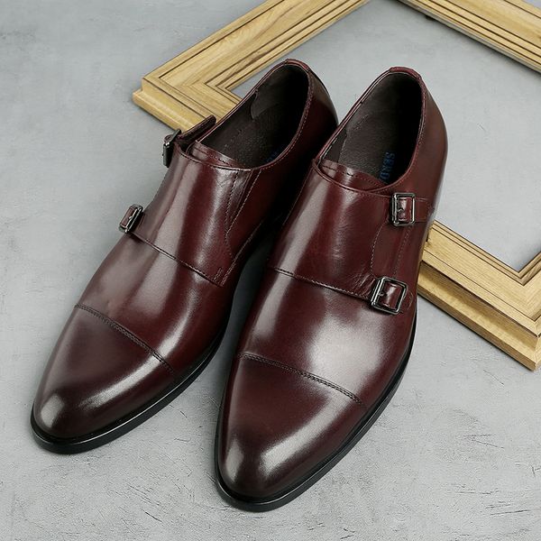 Moda negro/marrón oscuro doble hebilla zapatos de vestir de boda zapatos sociales de cuero genuino zapatos de negocios para hombres