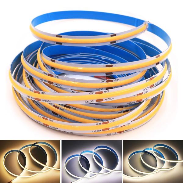 

strips 5m dc 12v 24v high density flexible cob led strip light ra90 300/308/384/528leds/m tape for home decoration