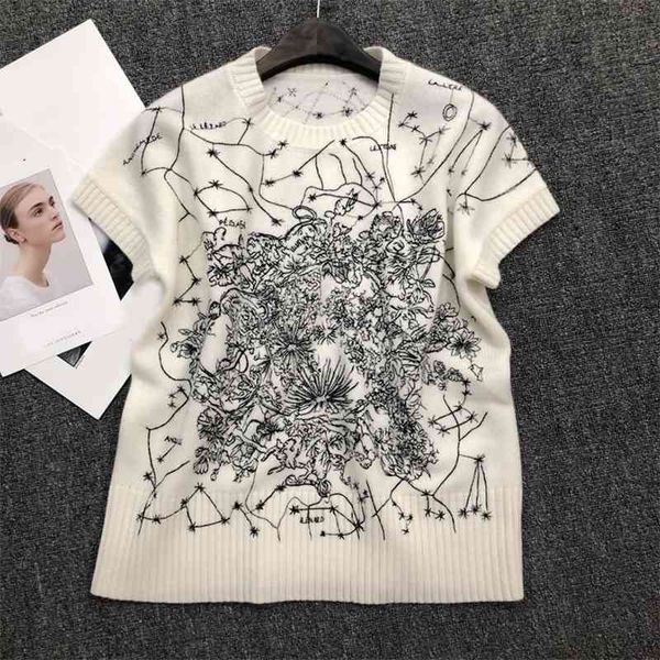 

70% off outlet online spring summer shirts embroidered half sleeve ladies pearl round neck t-shirt, White