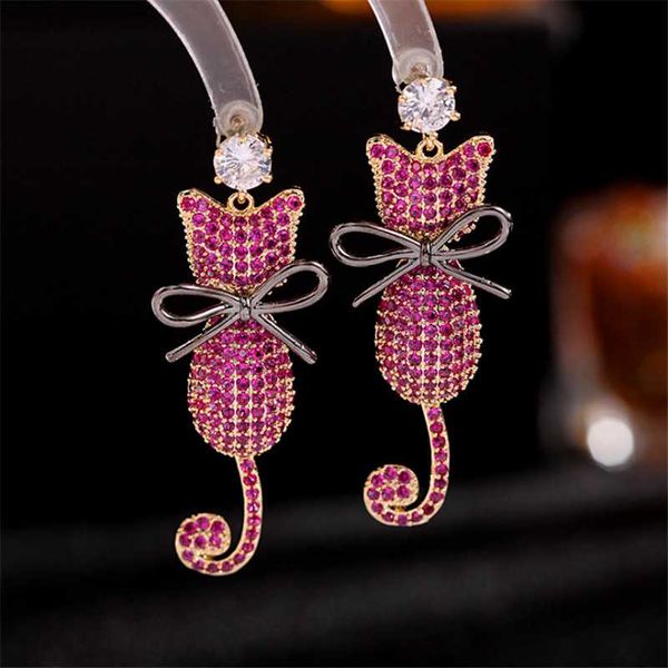 

stud women fashion lovely jewelry sliver earrings elegant copper zircon long animal cat bow ear studs, Golden;silver