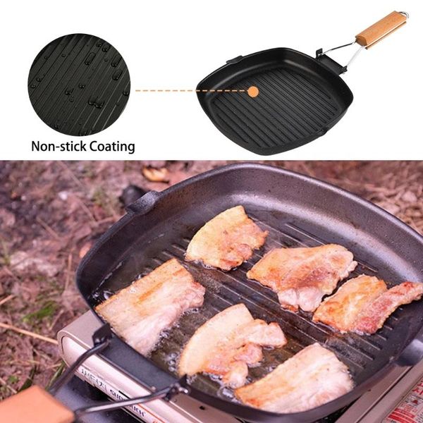 

pans portable camping pan grilling cookware frying with folding wooden handle