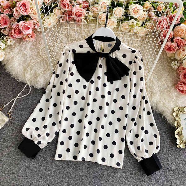 

sweaters casual beige/black polka dot blouse women elegant bow collar lantern long sleeve loose shirt female vintage spring autumn, White;black