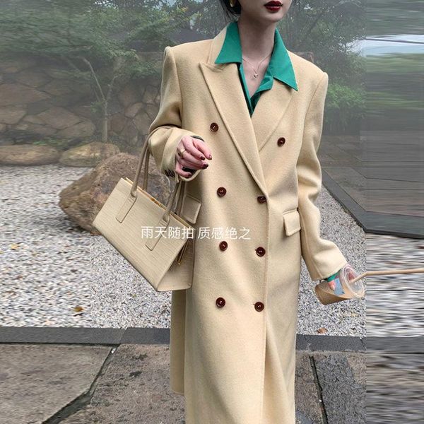 

women's wool & blends coat mustard green double breasted woolen overcoat simple outerwear female winter women elegant loose long, Black