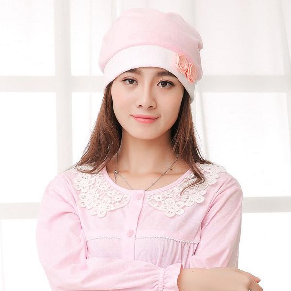 

hair accessories maternity hat cotton windproof and warm velvet rose flower confinement sleep for mom korean style, Slivery;white