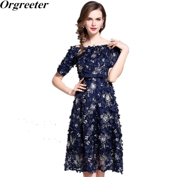 

women summer 3d flower appliques short sleeve embroidery dresses off the shoulder office lady party dress 210602, Black;gray
