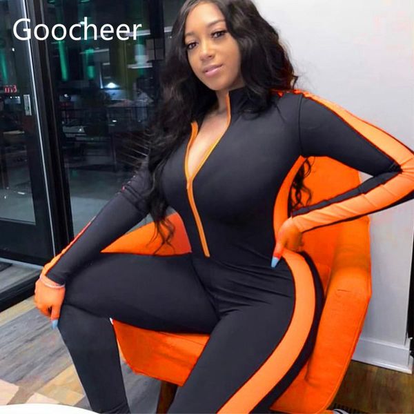 

women's jumpsuits & rompers women green orange jumpsuit womens long sleeve zipper front skinny fitness tight overalls, Black;white