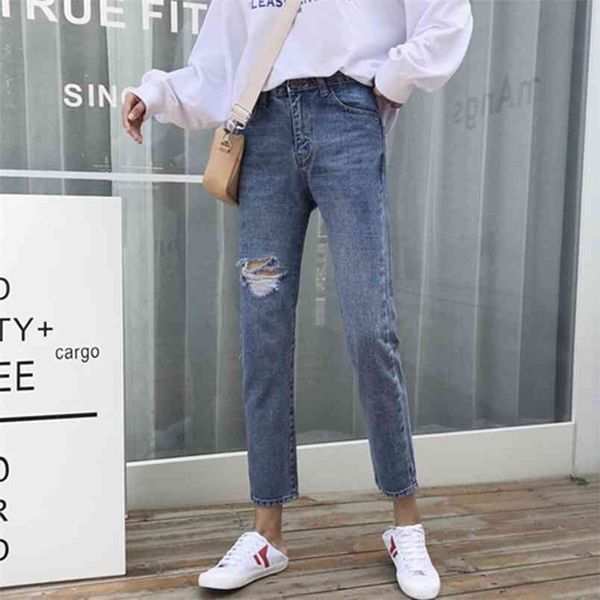 

arrival spring korea fashion women high waist jeans knee ripped all-matched casual vintage denim pants blue s311 210512