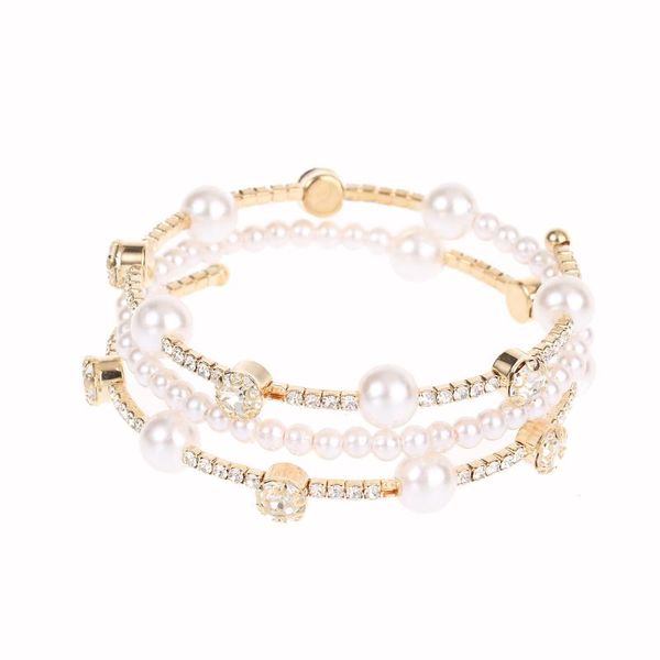 

bangle fashion multi-layer pearl bracelet elastic rhinestone cuff, Black