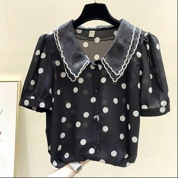 

spring summer style chiffon womens shirts short sleeve polka dot peter pan collar button casual dd9058, White