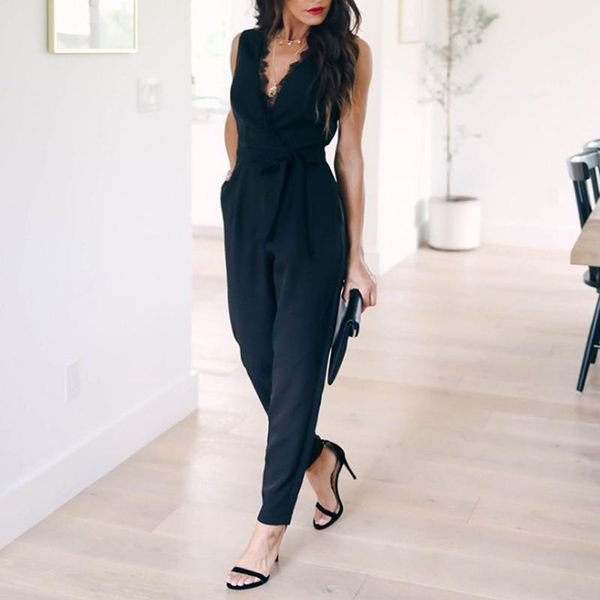 

women's jumpsuits & rompers official solid color long sleeve playsuit lace jumpsuit lady summer deep v neck party cloth black crop, Black;white