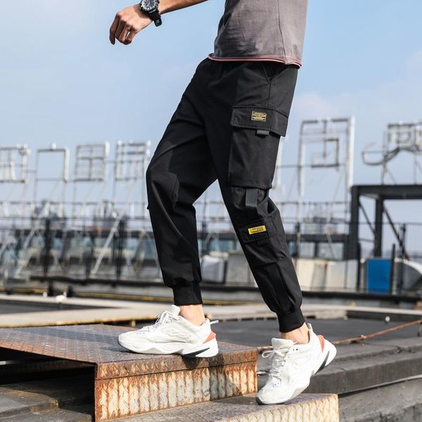 

men's side pockets cargo harem pants 2021 ribbons black hip hop casual male joggers streetwear fashion trousers
