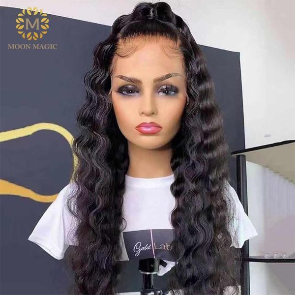 

deep wave frontal wig human hair wigs 13x6 lace front pre plucked knots bleached for black women part 150% remy, Black;brown