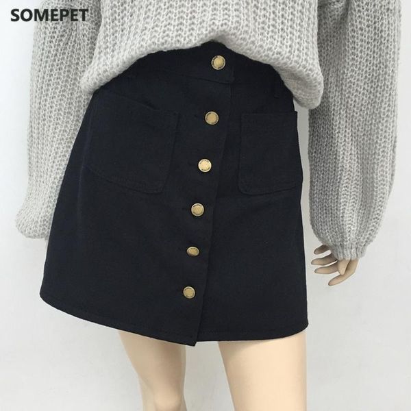 

denim short skirt summer women a-line single button skirts high waist slim pocket causal mini with belt, Black