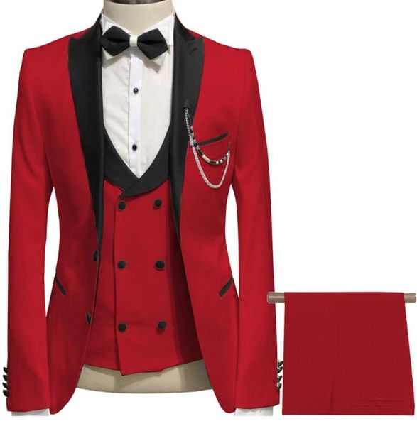 Высококачественные две пуговицы с пиками черные лацканы жениха красные мужские костюмы с брюками 3 куски