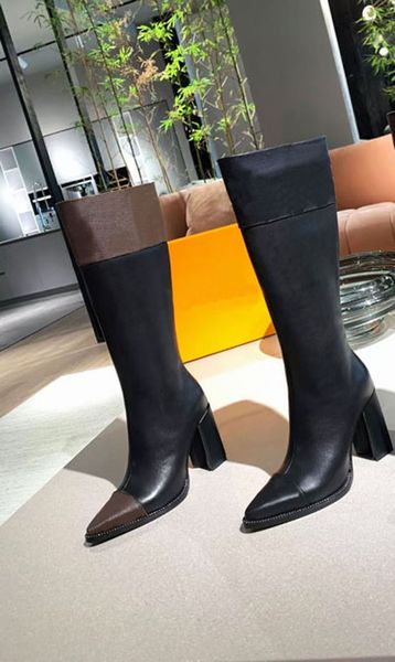 

2021 women's long boots fashion embossed letters leather black zipper highs heels slim pointed boot party heel 9.5 cm 35-41