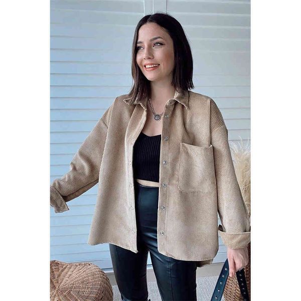 

women corduroy overshirt jackets long sleeves collared casual fashion vintage woman coats 210420, Black;brown