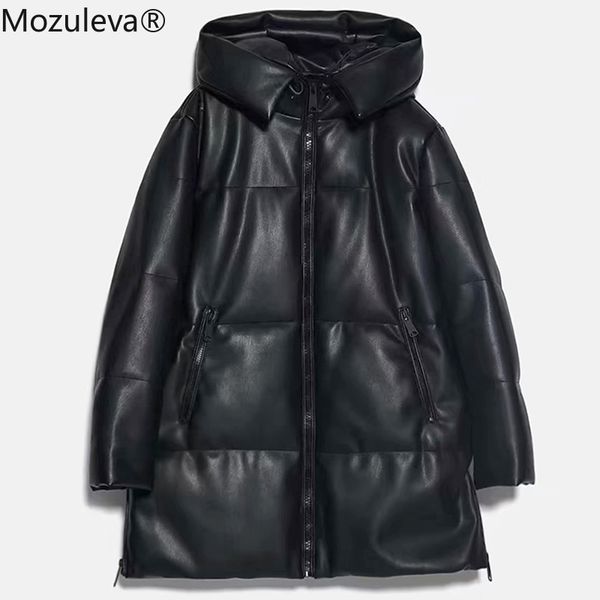 

winter coat women oversize faux leather hoodie parkas thick warm zipper long jacket female outwear loose overcoat 210427, Black;brown