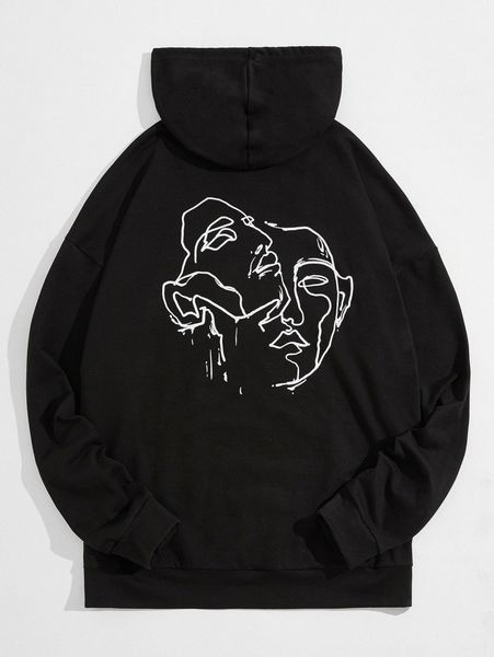 

men figure graphic drop shoulder drawstring hoodie r3ml#, Black