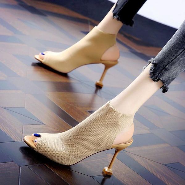 

sandals knitted elastic mesh peep toe high heel women summer shoes woman europe thin heels slip-on open female, Black