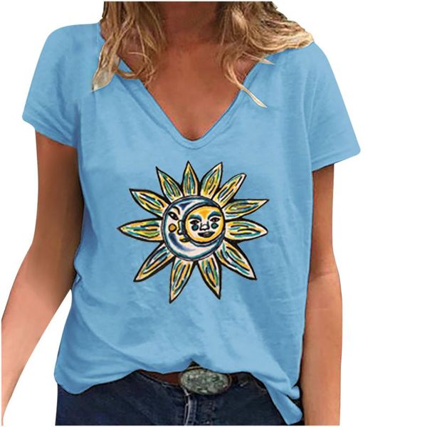 

women's t-shirt 2021 women digital sunshine and moon printing t shirt v-neck loose short sleeve harajuku female clothing, White