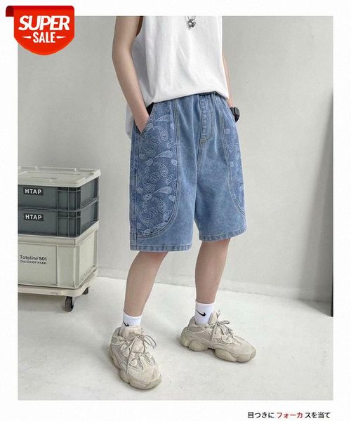 

cashew flower denim shorts men's thin fat men and women loose flow casual five-point pants #n32s, Blue