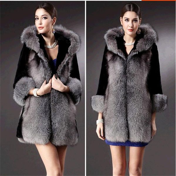 

women's fur & faux luxury long coat hooded thick warm real image winter in stock, Black
